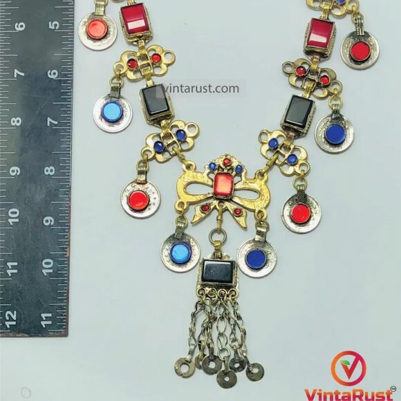 Tribal Necklace with Colorful Stones, Gypsy Belly Dance Necklace, Afghan Kuchi - Picture 7 of 9